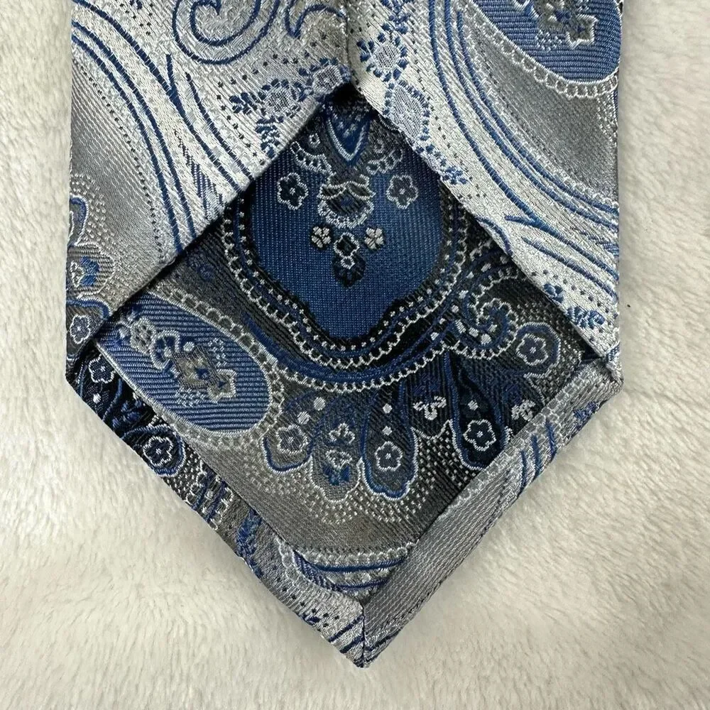 Pronto Uomo Men's 100% Silk Paisley Print Necktie Blue Gray Silver Dressy Wester